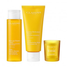 The Clarins Spa at Home set women's (body balm, 200 ml + gel for a bathtub and a shower, 200 ml + a candle, 50 g)