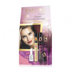 The gift Eveline Cosmetics set (Extension Volume ink + serum for eyelashes of SOS Lash Booster + means for strengthening of nails 8 in 1)