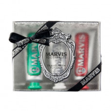 A gift set of the Marvis Travel with Flavour toothpastes of Mix (classical intensive mint, 25 ml + the bleaching mint, 25 ml + cinnamon and mint, 25 ml)