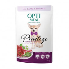 The damp Optimil Privilege adult dog food for tiny and small breeds, with lamb and spinach in sauce, 85 g